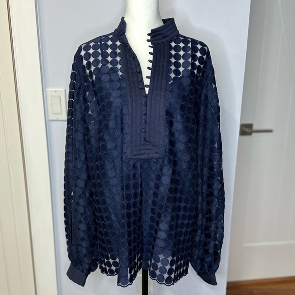 Trina Turk Tops - Trina Turk Blue Bianca Oversized Blouse w/Cuffs & Mandarin Collar. XL, EUC!
